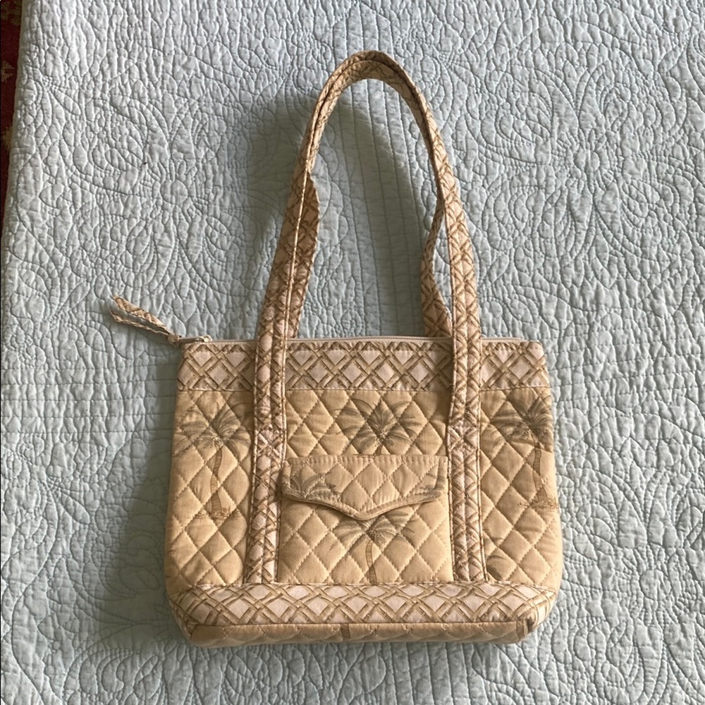 Tan and Green Quilted Shoulder Bag with Structured Design